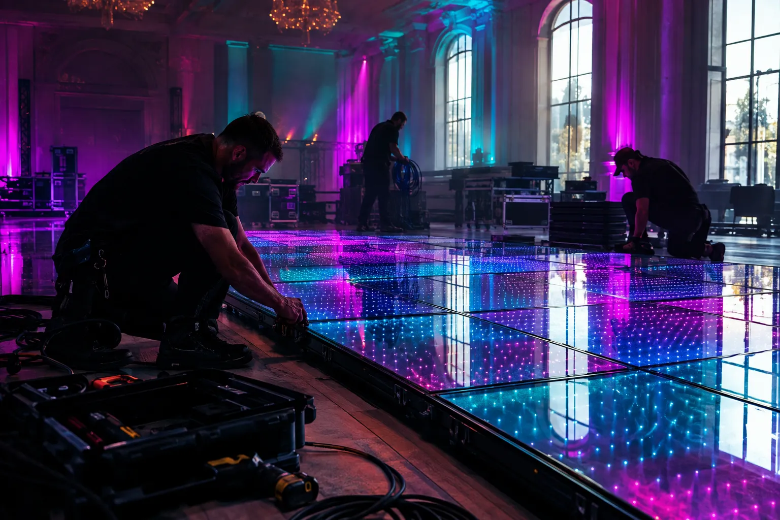 Técnicos da Floor Sensation a montar painéis de uma pista LED num salão vazio