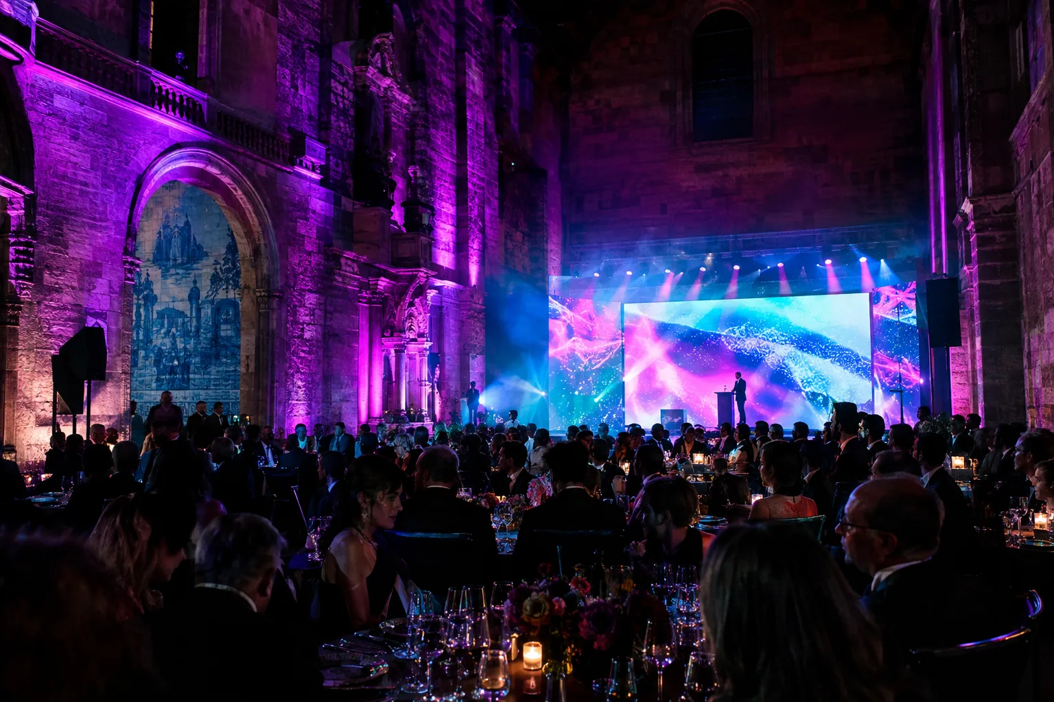 Jantar de gala num salão histórico do Porto com LED wall