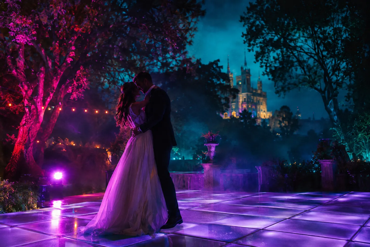 Casamento em Sintra com pista LED violeta num jardim de palácio