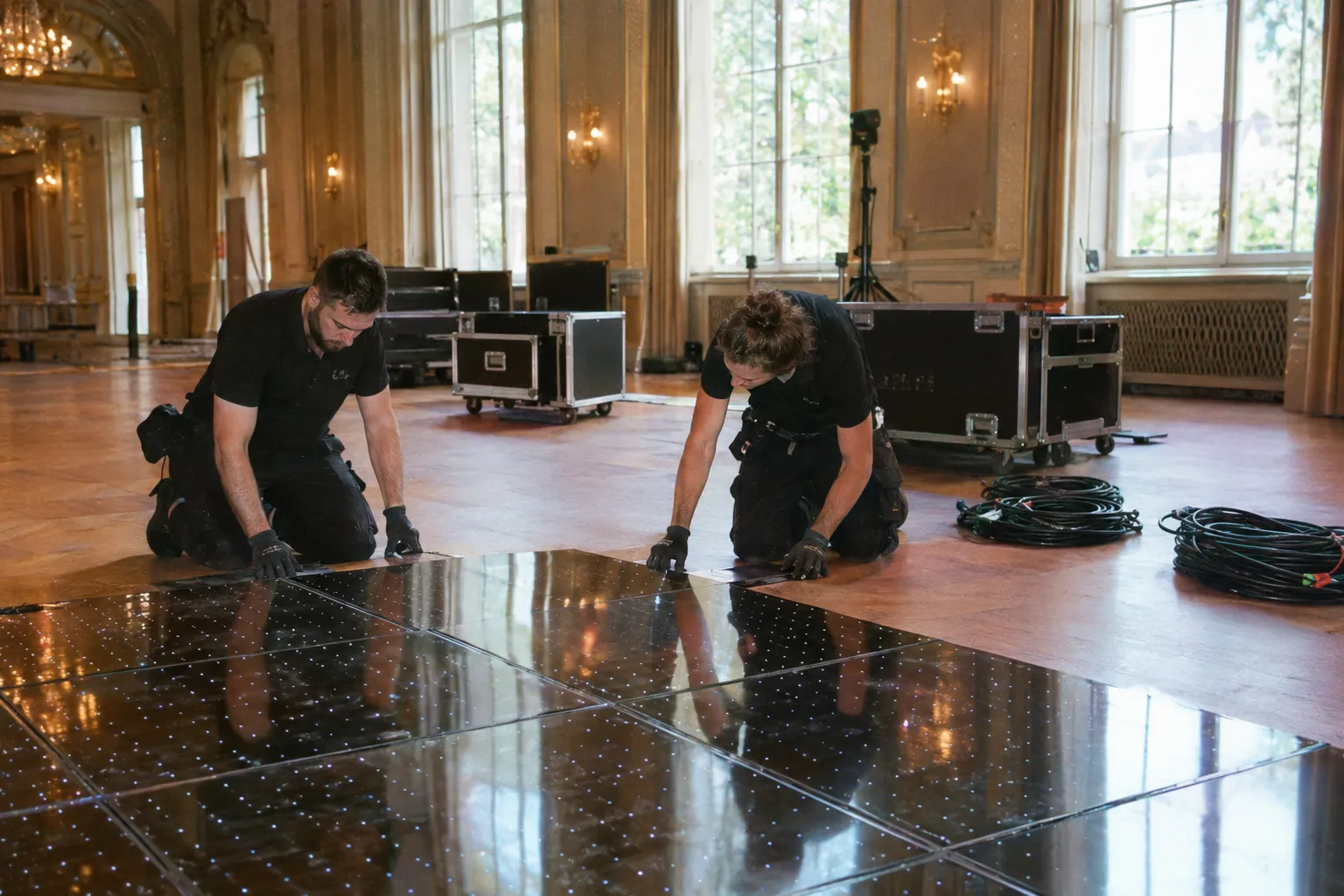 Técnicos da Floor Sensation a alinhar painéis de pista LED num salão vazio